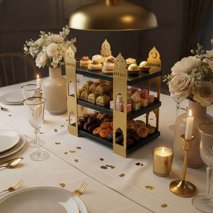 ramazan sofrasi uzerindeki siyah ahşap rafli altin renk metal sunum standi fonksiyonel ve estetik islamicwallarttr