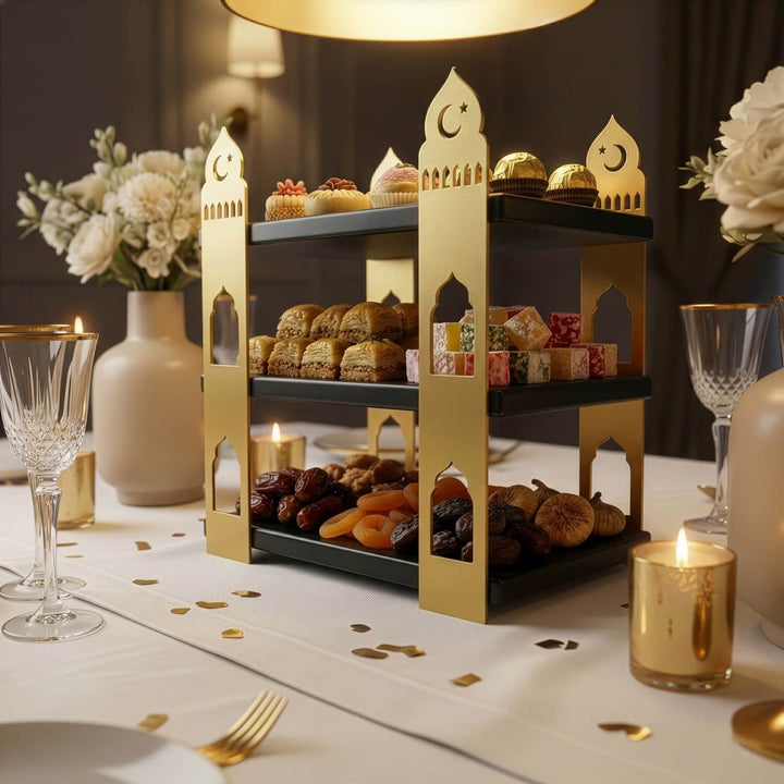 Ramazan icin tasarlanmis 3 katli sunumluk, altin renk metali ve minare formu ile sofraniza modern bir dokunus katiyor islamicwallarttr