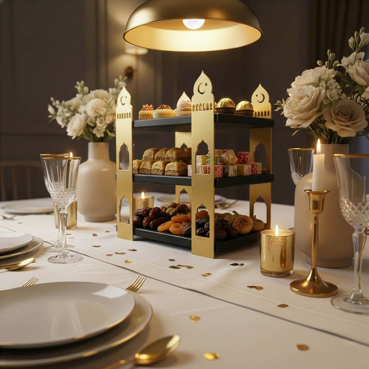 ramazan sofralari icin sik ve fonksiyonel 3 katli ahsap rafli metal servis standi islamicwallarttr