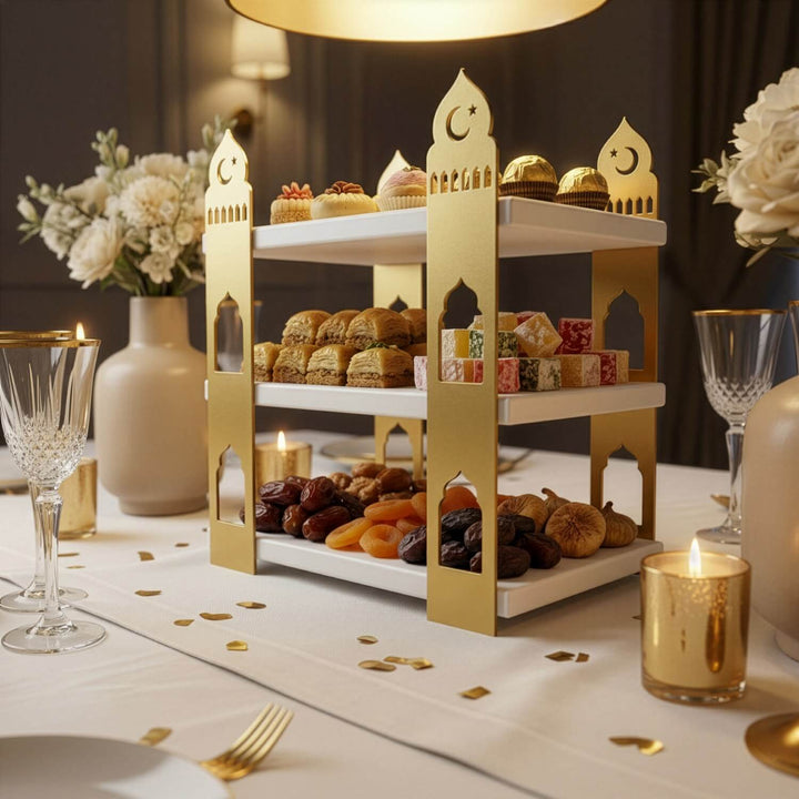 mihrap tasarimli beyaz ahsap rafli altin rengi metal 3 katli sunum standi islamicwallarttr