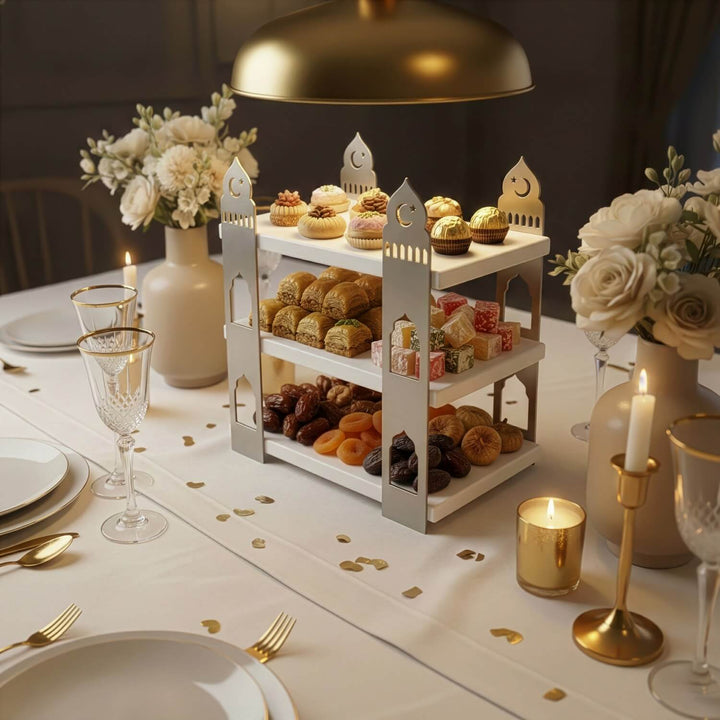 iftariyelikler icin mihrap tasarim beyaz raflı gumus renk metal sunumluk islamicwallarttr