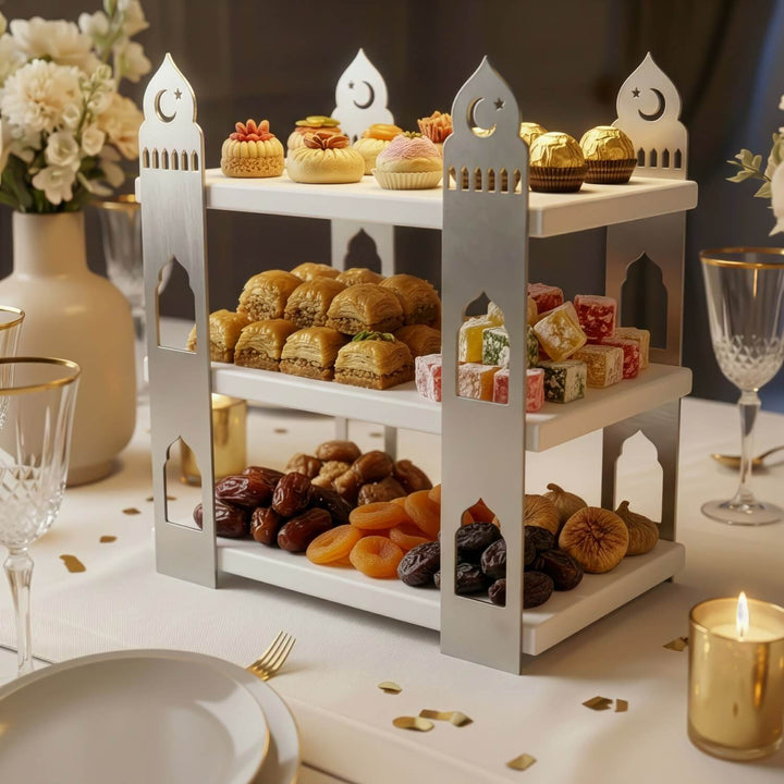 iftar sofralari icin sik ve fonksiyonel 3 katli ahsap rafli metal servis standi islamicwallarttr