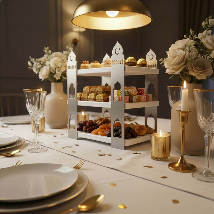 ramazan sofralari icin sik ve fonksiyonel 3 katli beyaz ahsap rafli gumus renk metal servis standi islamicwallarttr