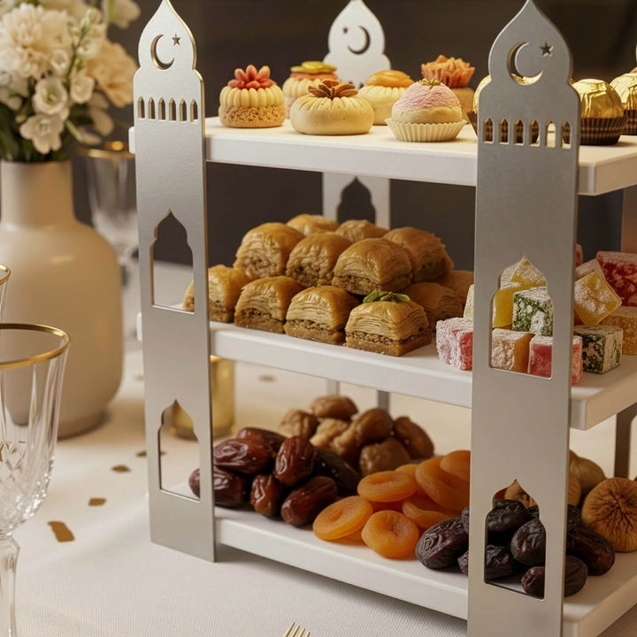 3 katli ahsap rafli metal servis standi ramazan sofralari icin sik ve fonksiyonel islamicwallarttr