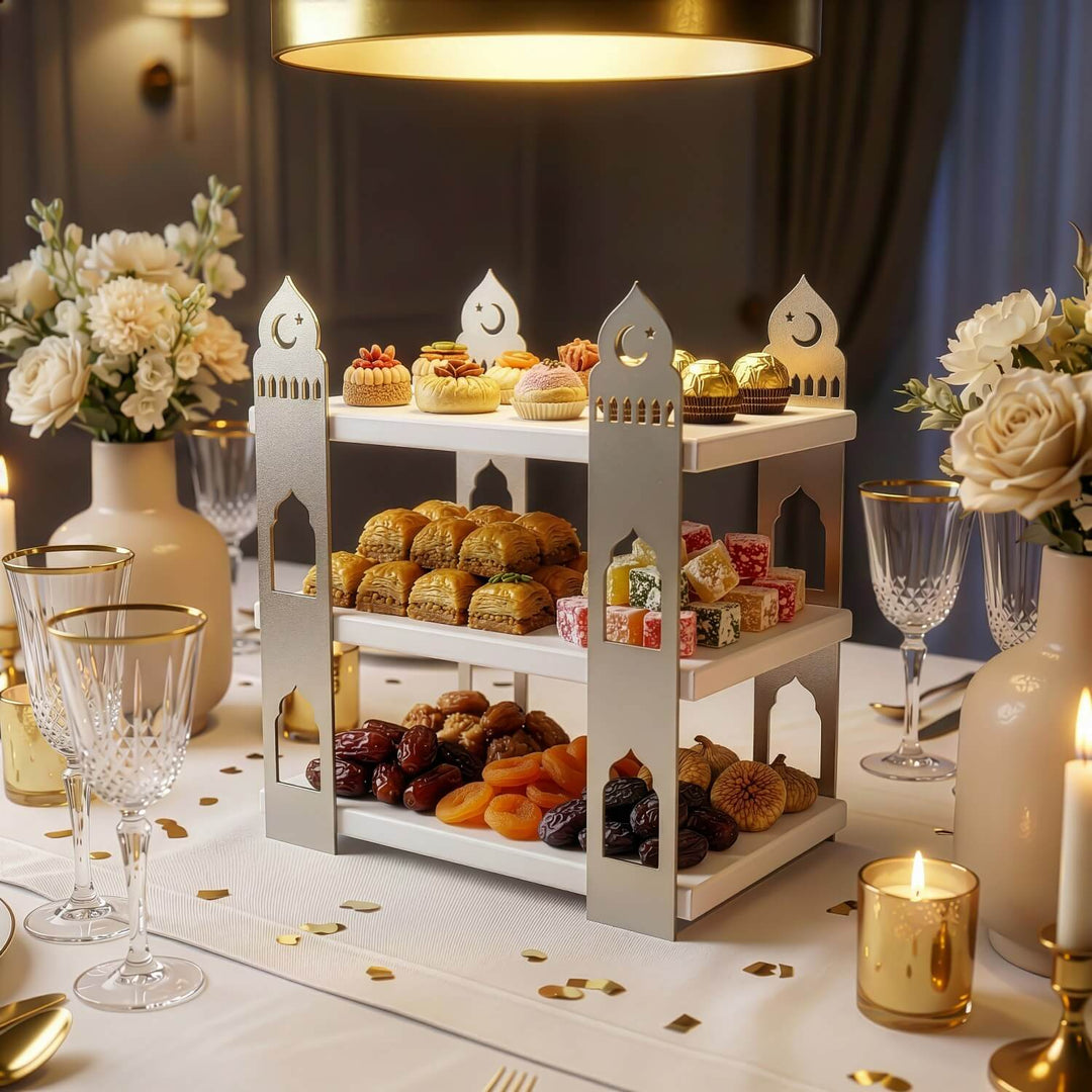 ramazan sofralari icin anlamli ve pratik beyaz rafli metal 3 katli sunumluk islamicwallarttr