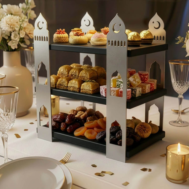 ramazan sofralari icin anlamli ve pratik siyah rafli metal 3 katli sunumluk islamicwallarttr