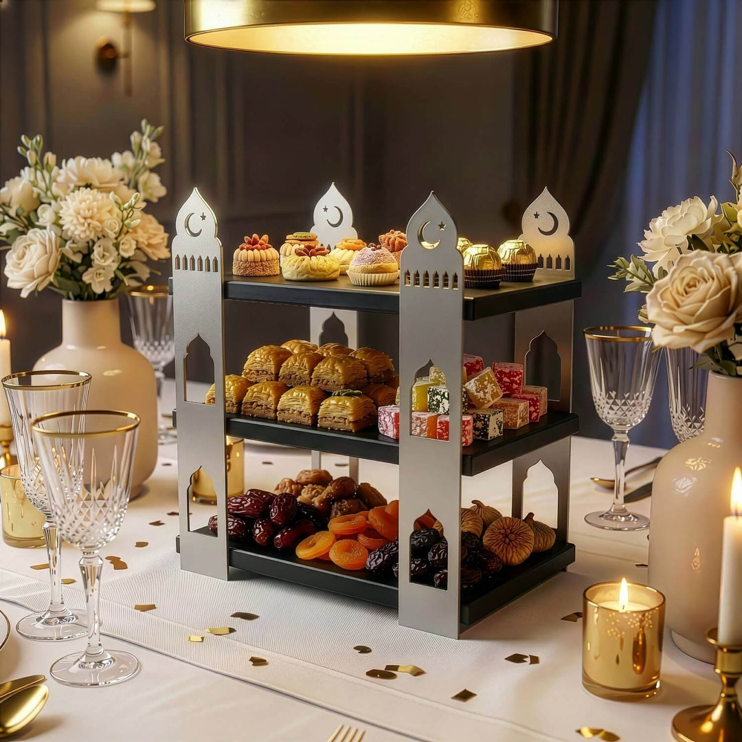 ramazan iftariyeliklerini ve ikramlarini sunmak icin ideal 3 katli ahsap rafli metal sunumluk islamicwallarttr