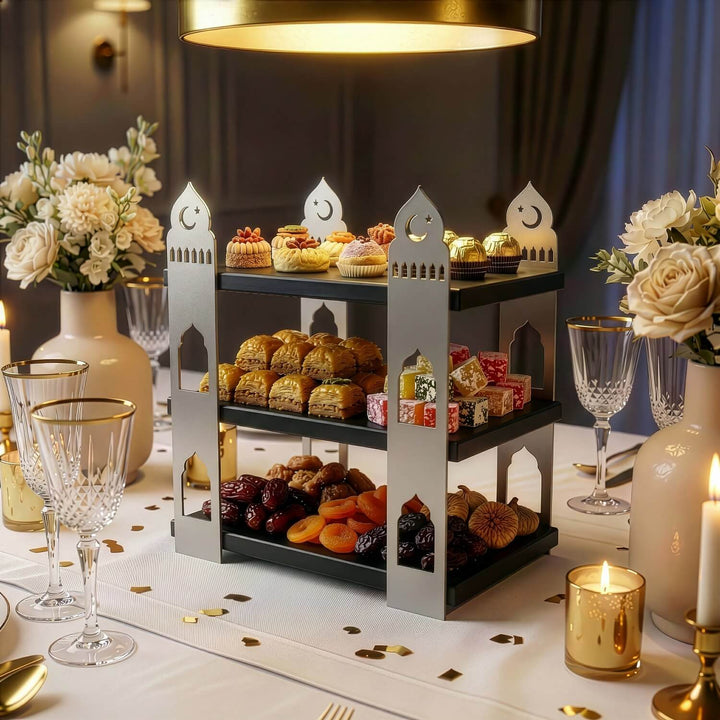 ramazan iftariyeliklerini ve ikramlarini sunmak icin ideal 3 katli ahsap rafli metal sunumluk islamicwallarttr