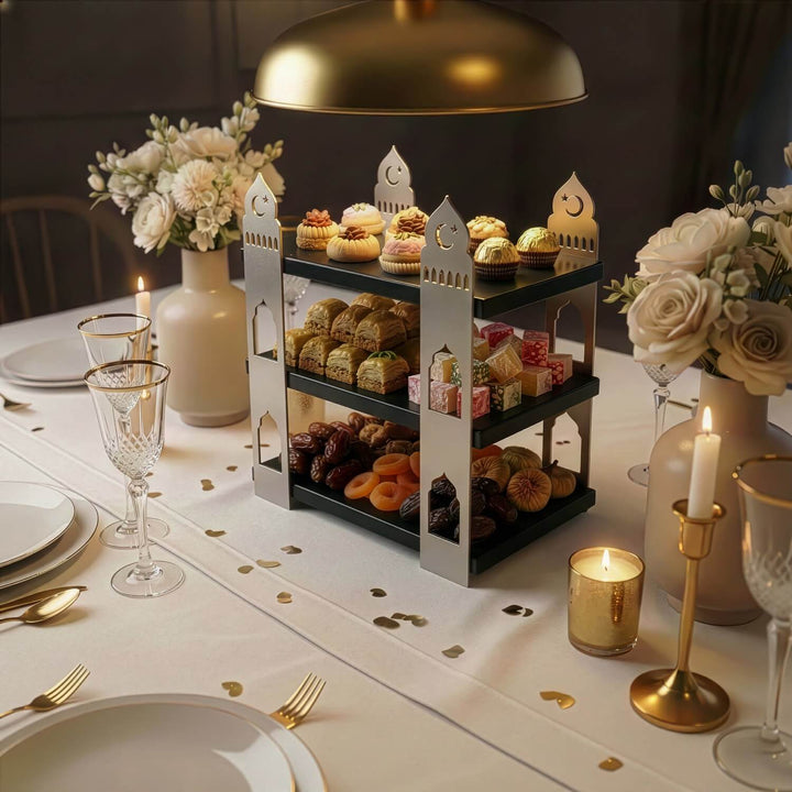 ramazan sofralari icin mihrap formunda siyah ahsap rafli gumus renk metal destekli sunum standi islamicwallarttr