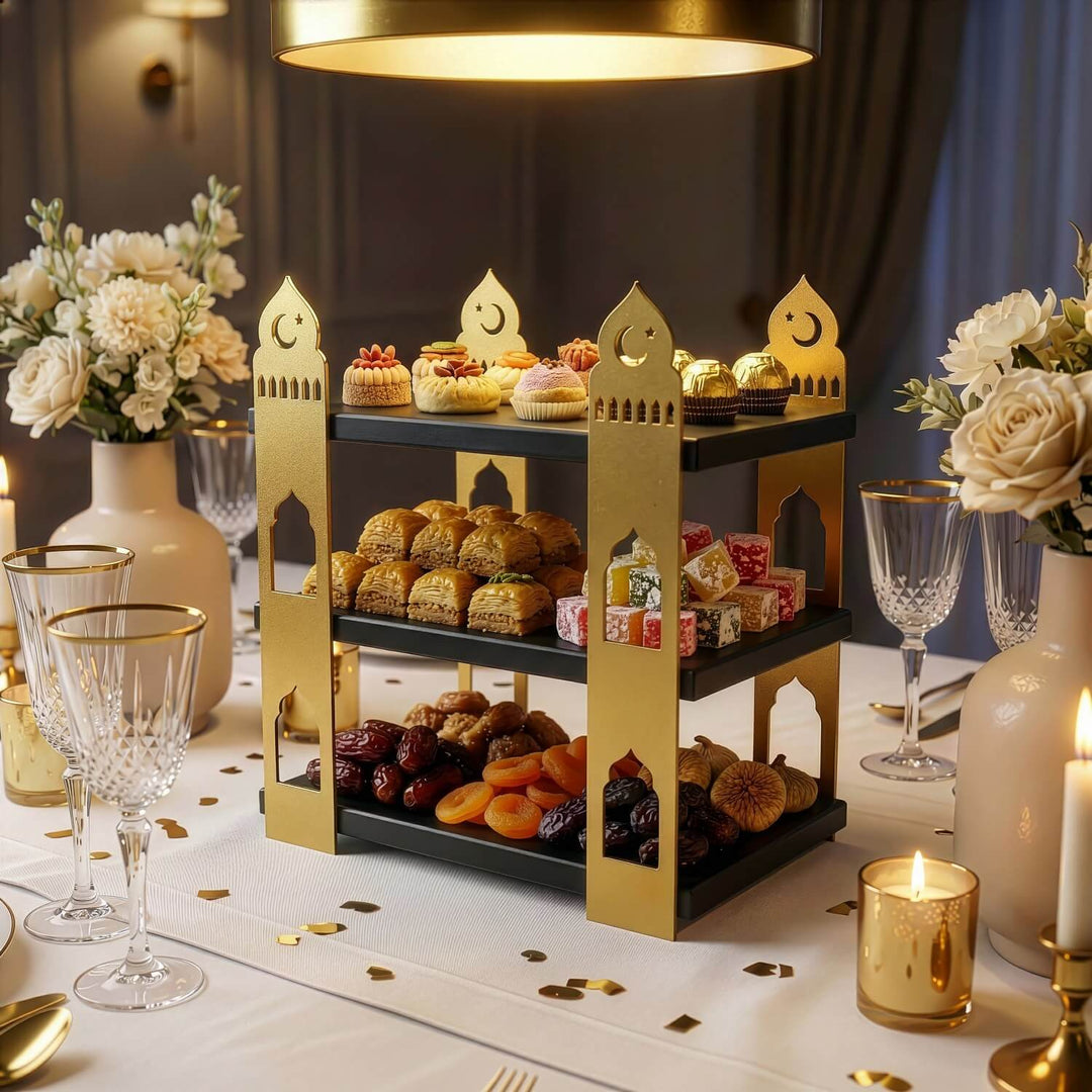 mihrap tasarimli siyah ahsap rafli altin rengi metal 3 katli sunum standi islamicwallarttr