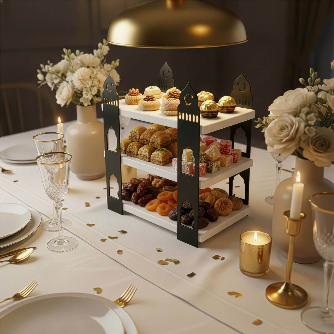 ramazan temali 3 katli servis standi ahsap ve metal yapisiyla dikkat cekici islamicwallarttr