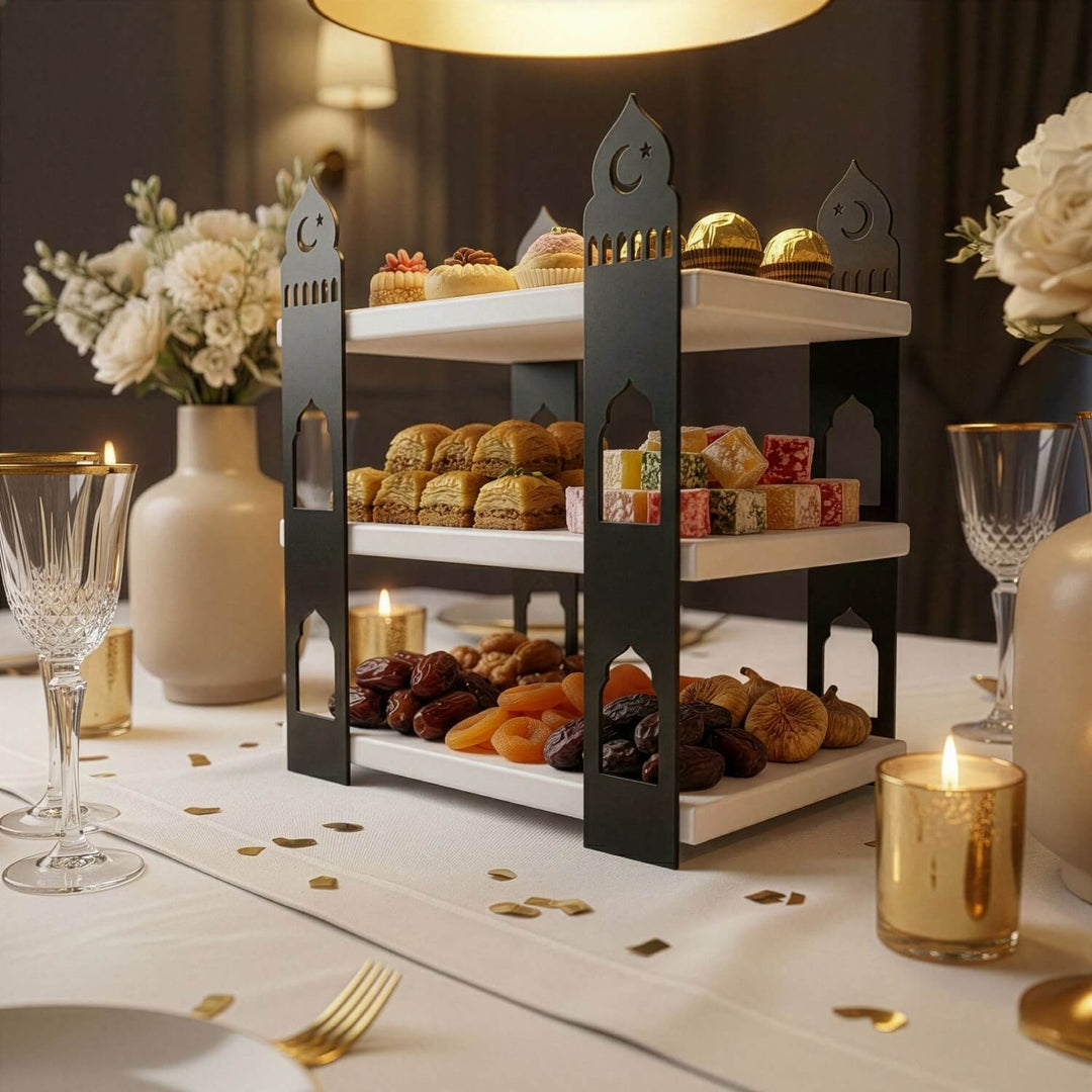 ramazan temali 3 katli servis standi ikramliklar icin islevsel alan sunar islamicwallarttr
