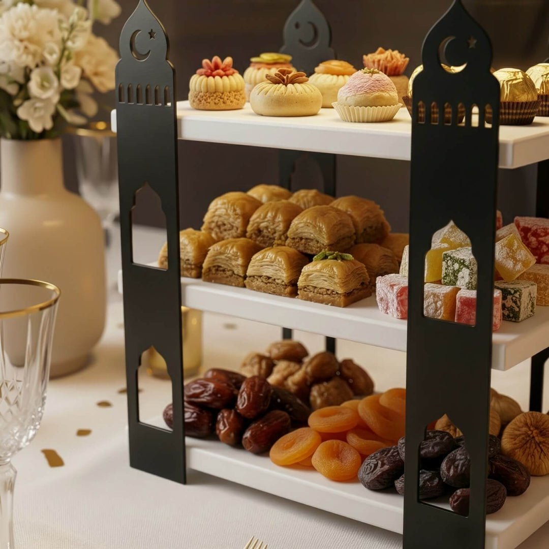 ramazan temali 3 katli ahsap rafli metal sunum standi ikramlariniz icin fonksiyonel ve estetik bir tasarim islamicwallarttr