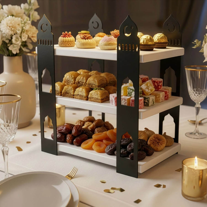 iftar sofralari icin ramazan temali 3 katli ahsap rafli metal sunum standi islamicwallarttr