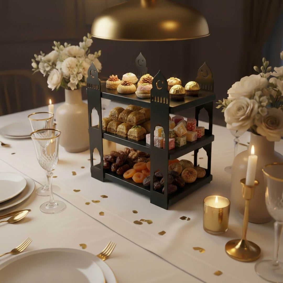 ramazan temali 3 katli siyah ahsap rafli siyah metal sunum standi islevselligi ile dikkat ceker islamicwallarttr