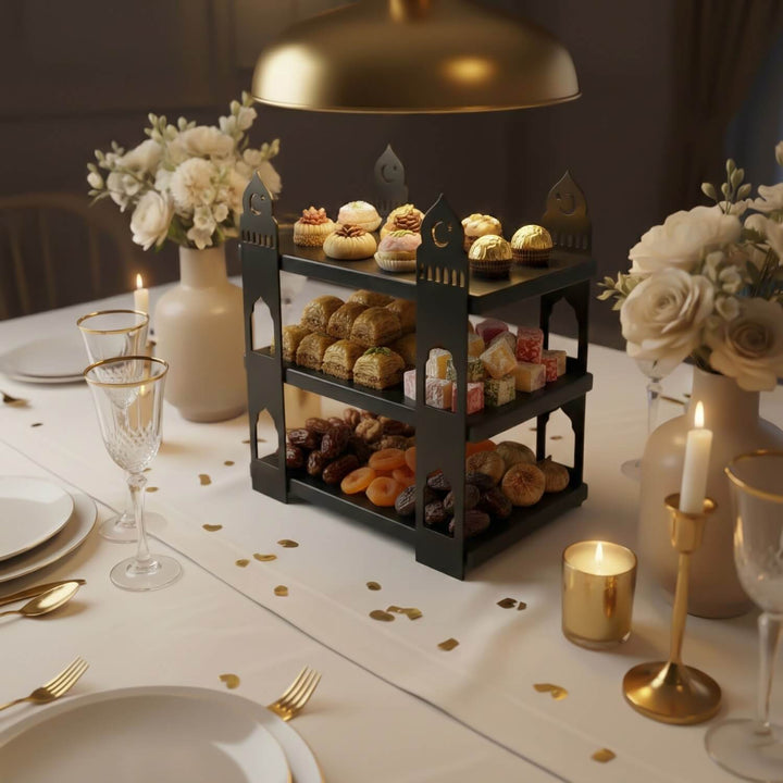 ramazan temali 3 katli siyah ahsap rafli siyah metal sunum standi islevselligi ile dikkat ceker islamicwallarttr