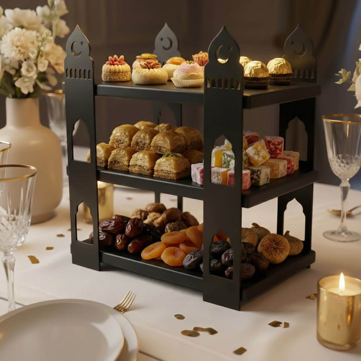 ramazan temali 3 katli ahsap rafli metal sunum standi iftar masalarinin odagi islamicwallarttr