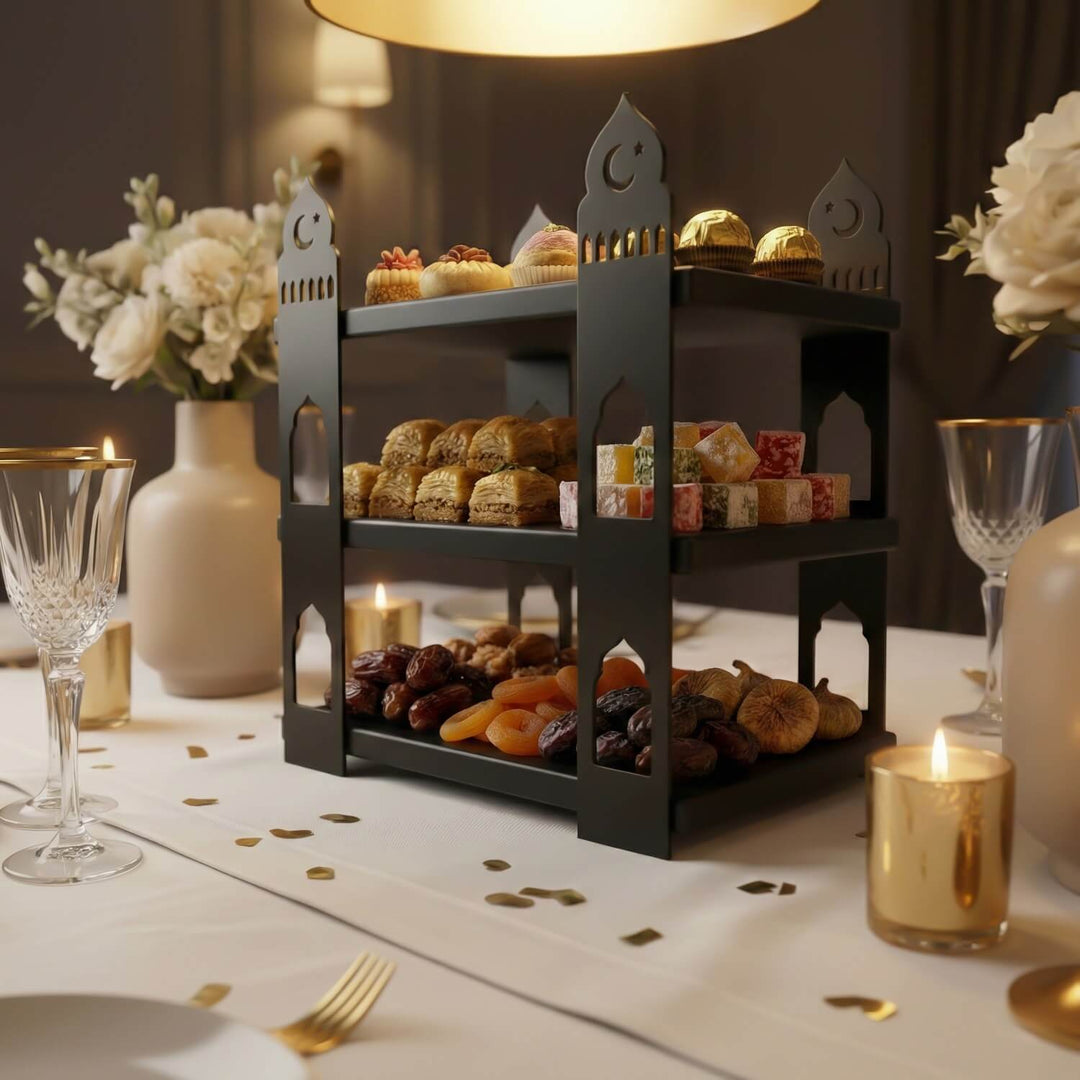 ramazan temali 3 katli ahsap rafli metal sunum standi sik ve fonksiyonel islamicwallarttr