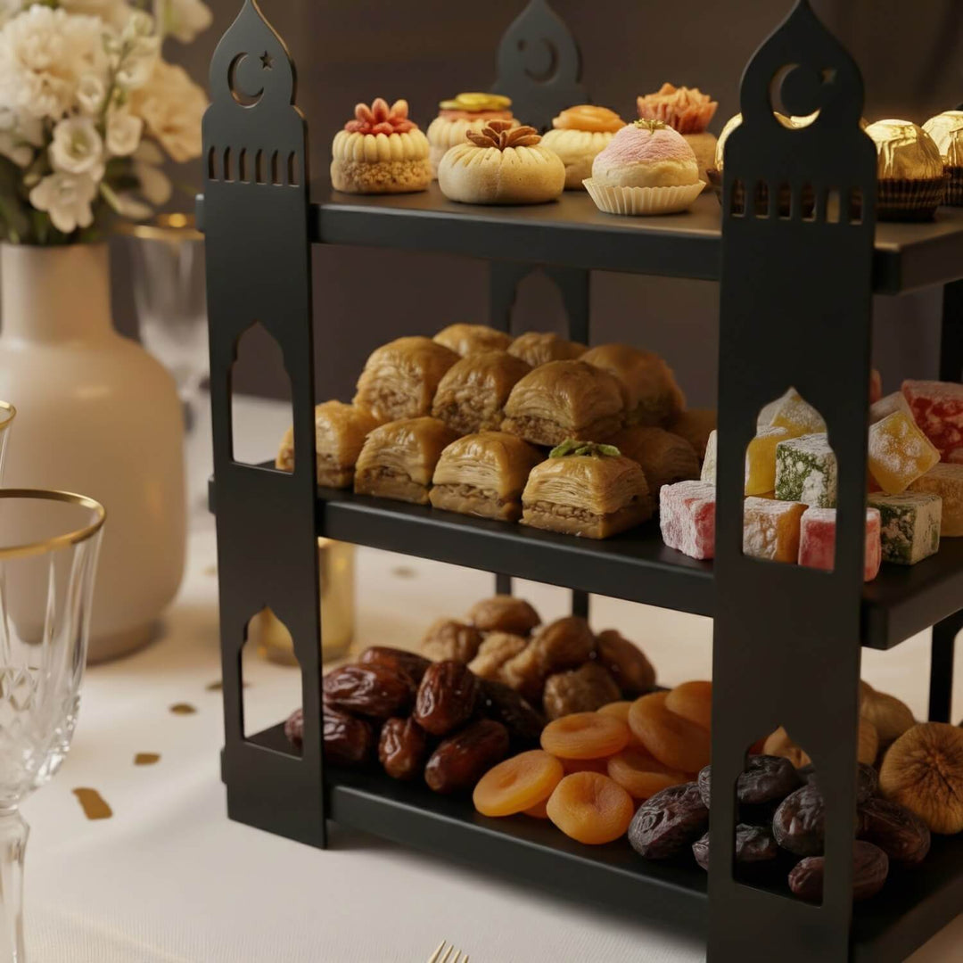 ramazan temali 3 katli ahsap rafli metal sunum standi islamicwallarttr