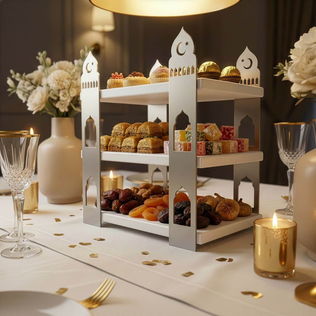 mihrap tasarimli beyaz ahsap rafli gumus rengi metal 3 katli sunum standi islamicwallarttr