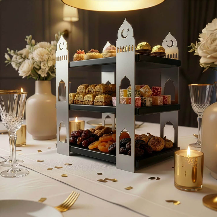 mihrap tasarimli siyah ahsap rafli gumus rengi metal 3 katli sunum standi islamicwallarttr