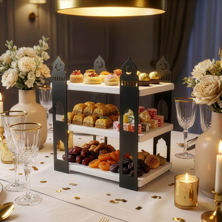 mihrap tasarimli beyaz ahsap rafli siyah metal 3 katli sunum standi islamicwallarttr