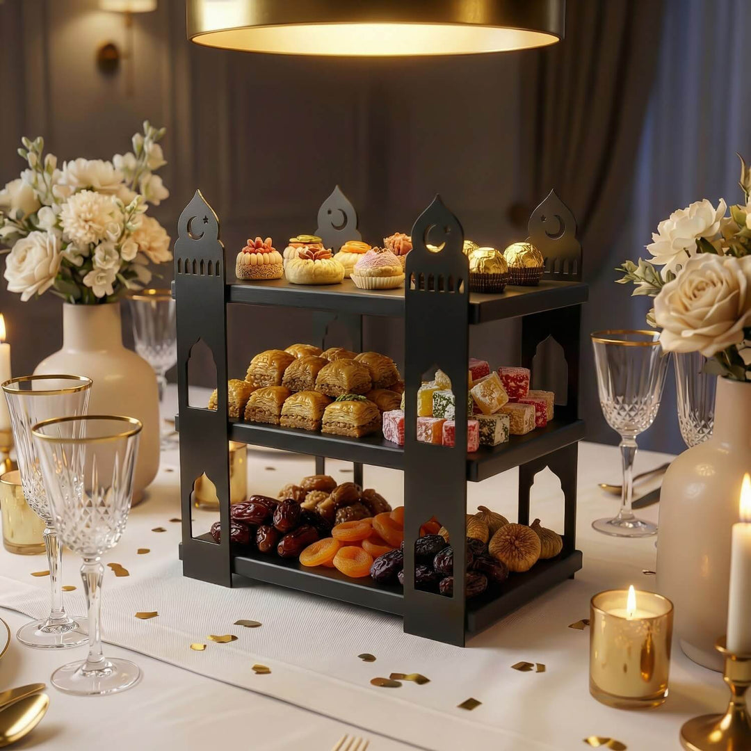 mihrap tasarimli siyah ahsap rafli siyah metal 3 katli sunum standi islamicwallarttr