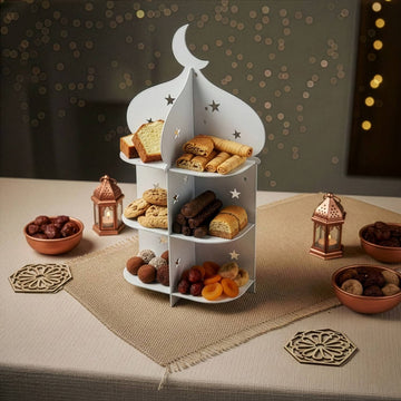 Beyaz minare sunum standı, hurma kaseleri ve bakır fenerlerin bulunduğu iftar masasında geniş çekim