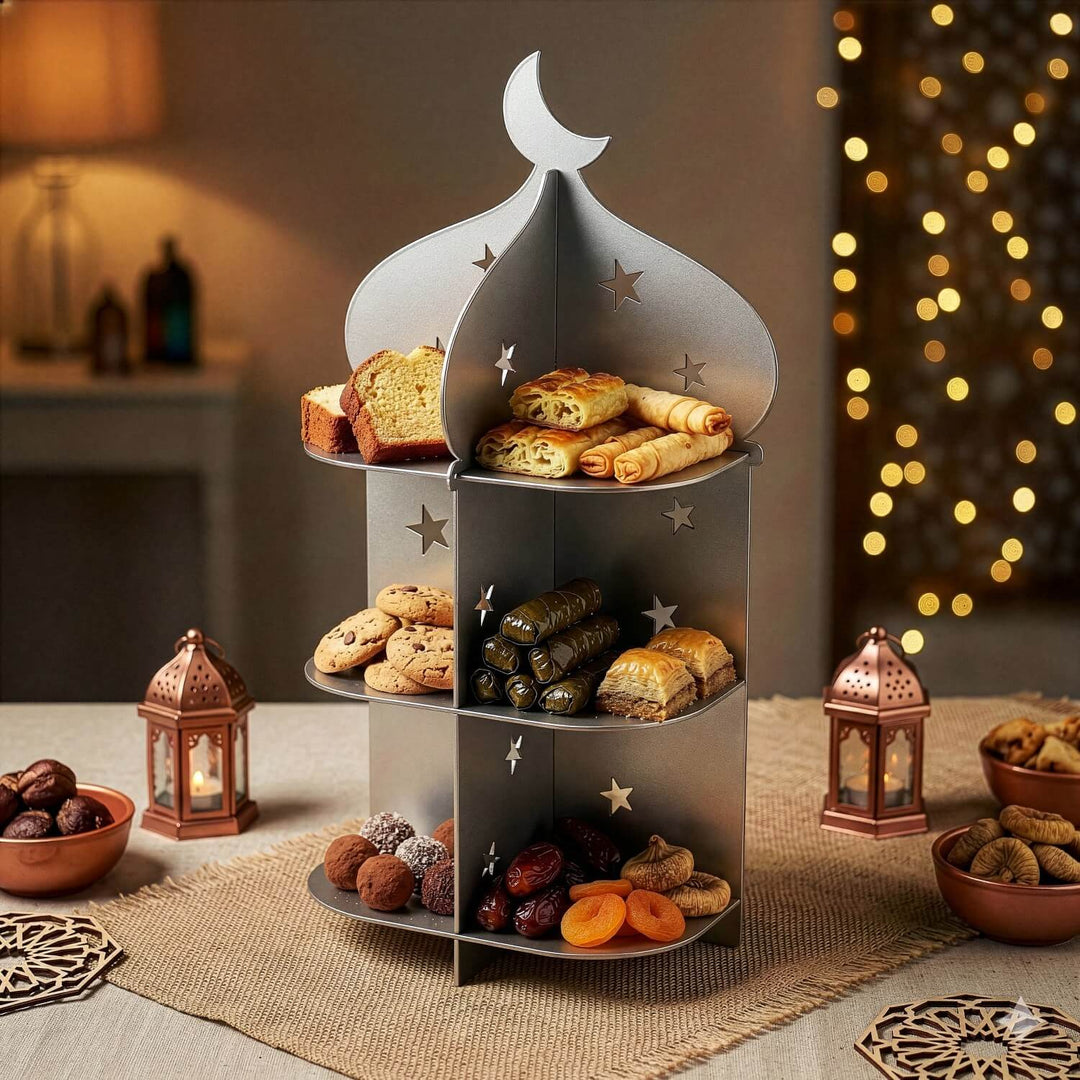 Gümüş renkli 3 katlı metal minare sunum standı, ikramlarla dolu ve fenerlerin önünde