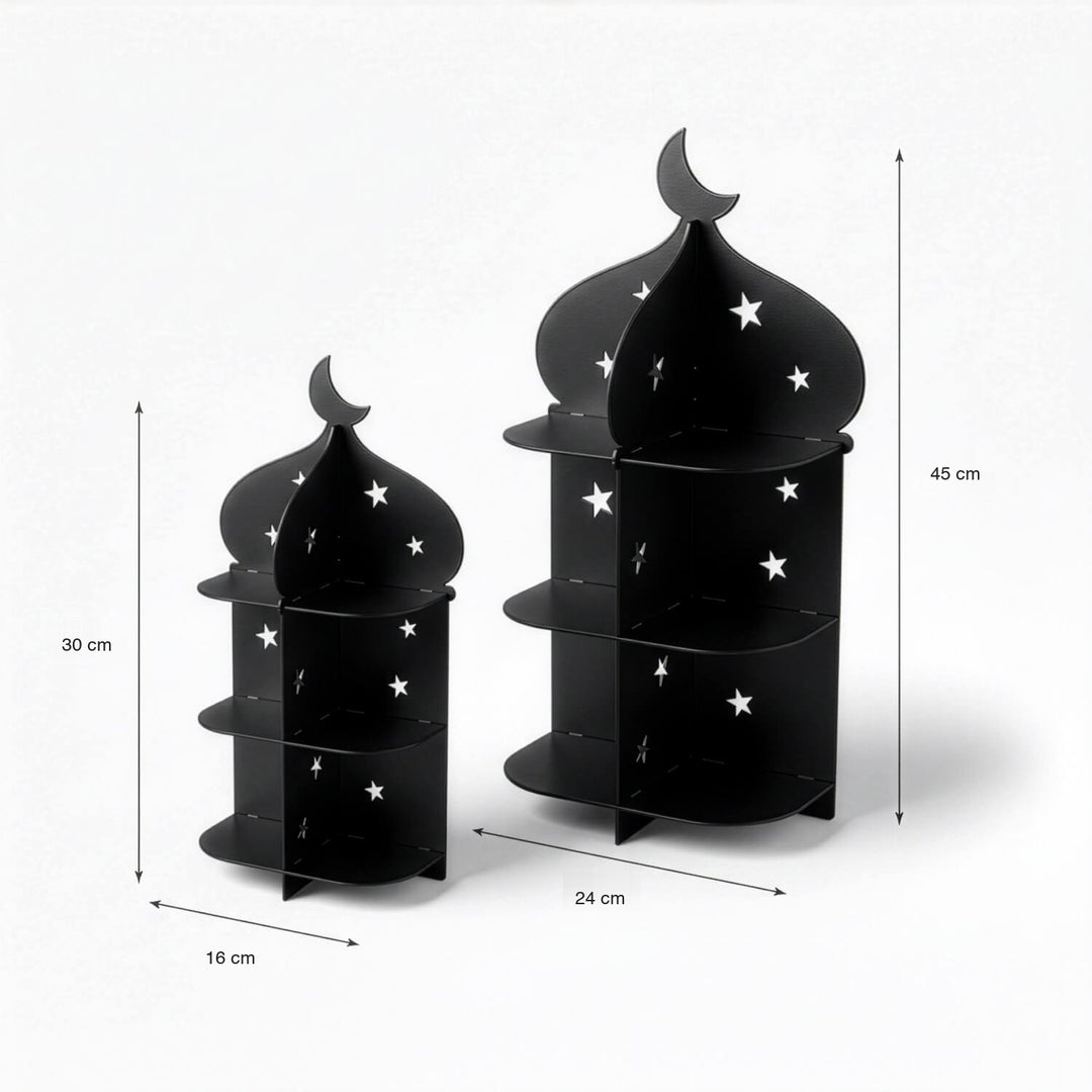 Siyah metal minare sunum standının iki boyutu: 16 x 30 cm ve 24 x 45 cm