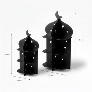 Siyah metal minare sunum standının iki boyutu: 16 x 30 cm ve 24 x 45 cm