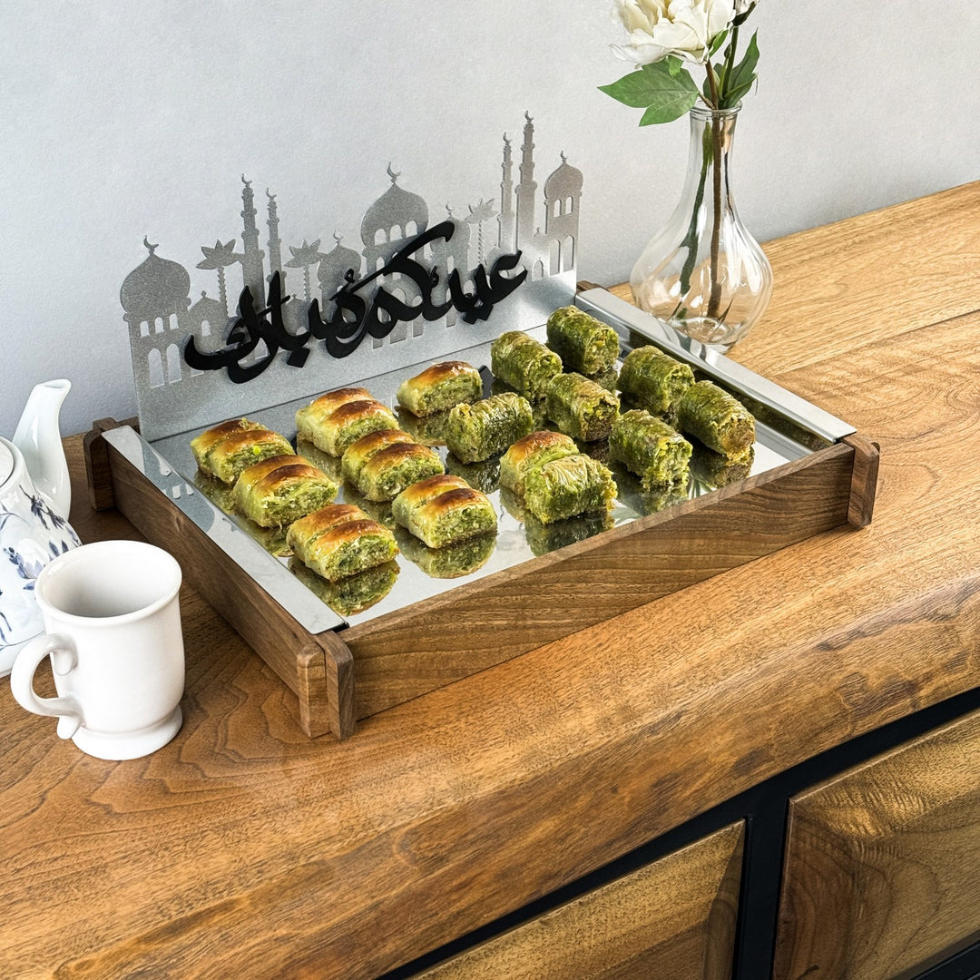 ramazan servis tepsisi masif ahsap ve paslanmaz celik kullanimiyla kaliteli ve zarif islamicwallarttr