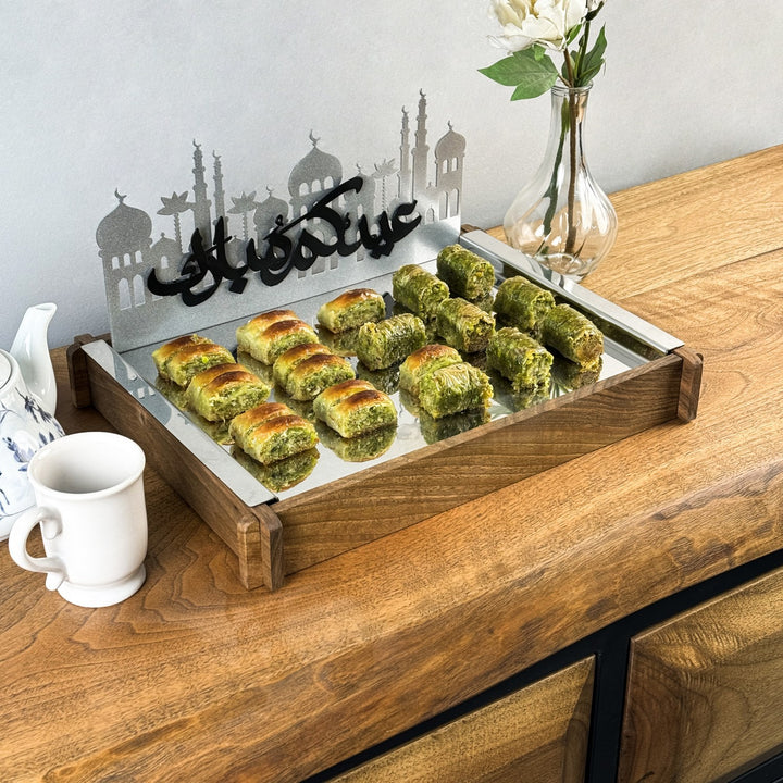ramazan servis tepsisi masif ahsap ve paslanmaz celik kullanimiyla kaliteli ve zarif islamicwallarttr