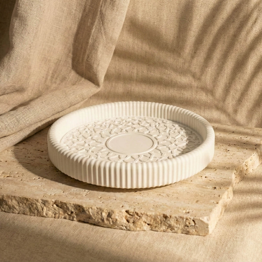 Kahire Yuvarlak Taş Tozu Dekoratif Tabak - Modern İslami Ev Dekoru