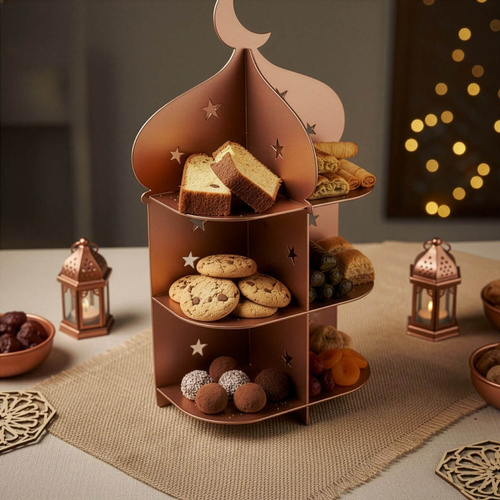 Ramazan Metal Sunum Standı – 3 Katlı Minare Tasarım İftariyelik Tabağı