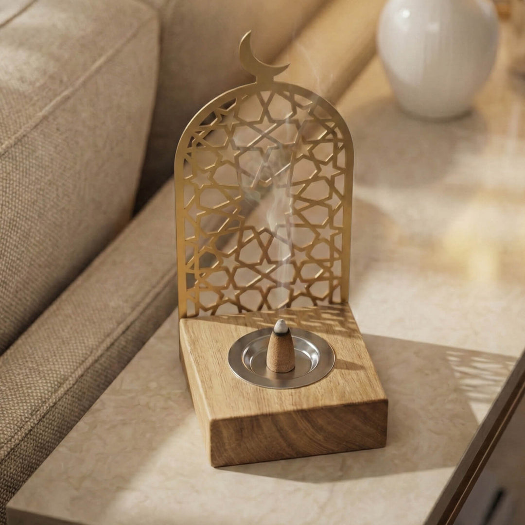 selcuklu yildizi motifli ahsap standli altin renk metal tutsuluk islamicwallarttr