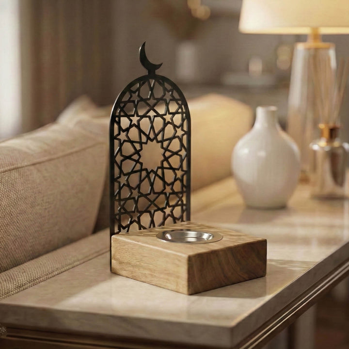 Ev dekorasyonu icin siyah metal tasarim hilal ve yildiz detayli ahsap buhurdanlik modeli islamicwallarttr