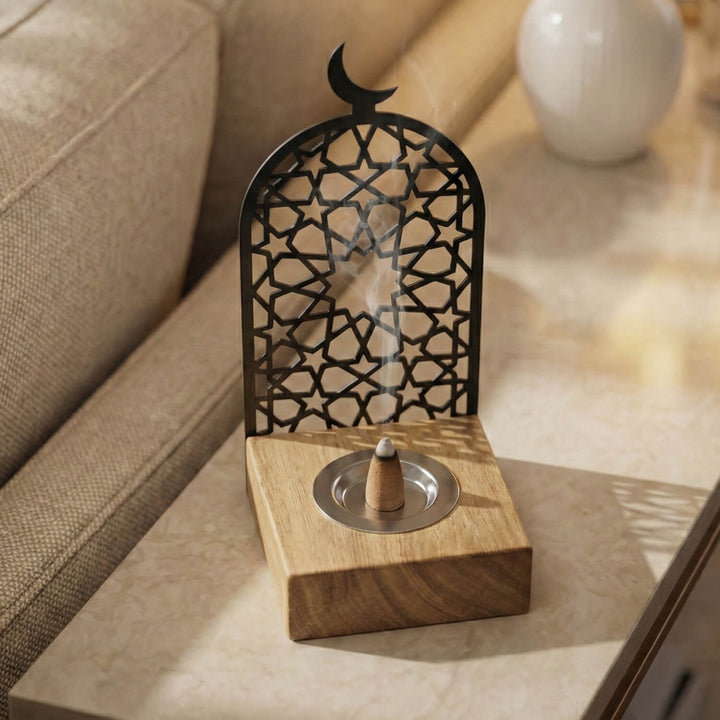 selcuklu yildizi motifli ahsap standli siyah metal tutsuluk islamicwallarttr