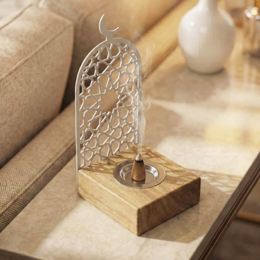 Ev dekorasyonu icin beyaz metal tasarim hilal ve yildiz detayli ahsap buhurdanlik modeli islamicwallarttr