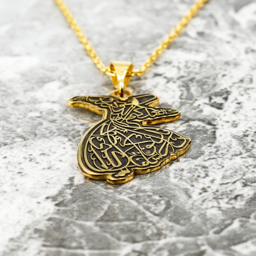 semazen seklinde zincirli siyah zemin uzerinde osmanlicaya oldugun gibi gorun ya gorundugun gibi ol yazili altin rengi  gumus kolye islamicwallart