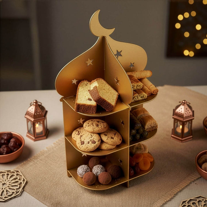Ramazan Metal Sunum Standı – 3 Katlı Minare Tasarım İftariyelik Tabağı