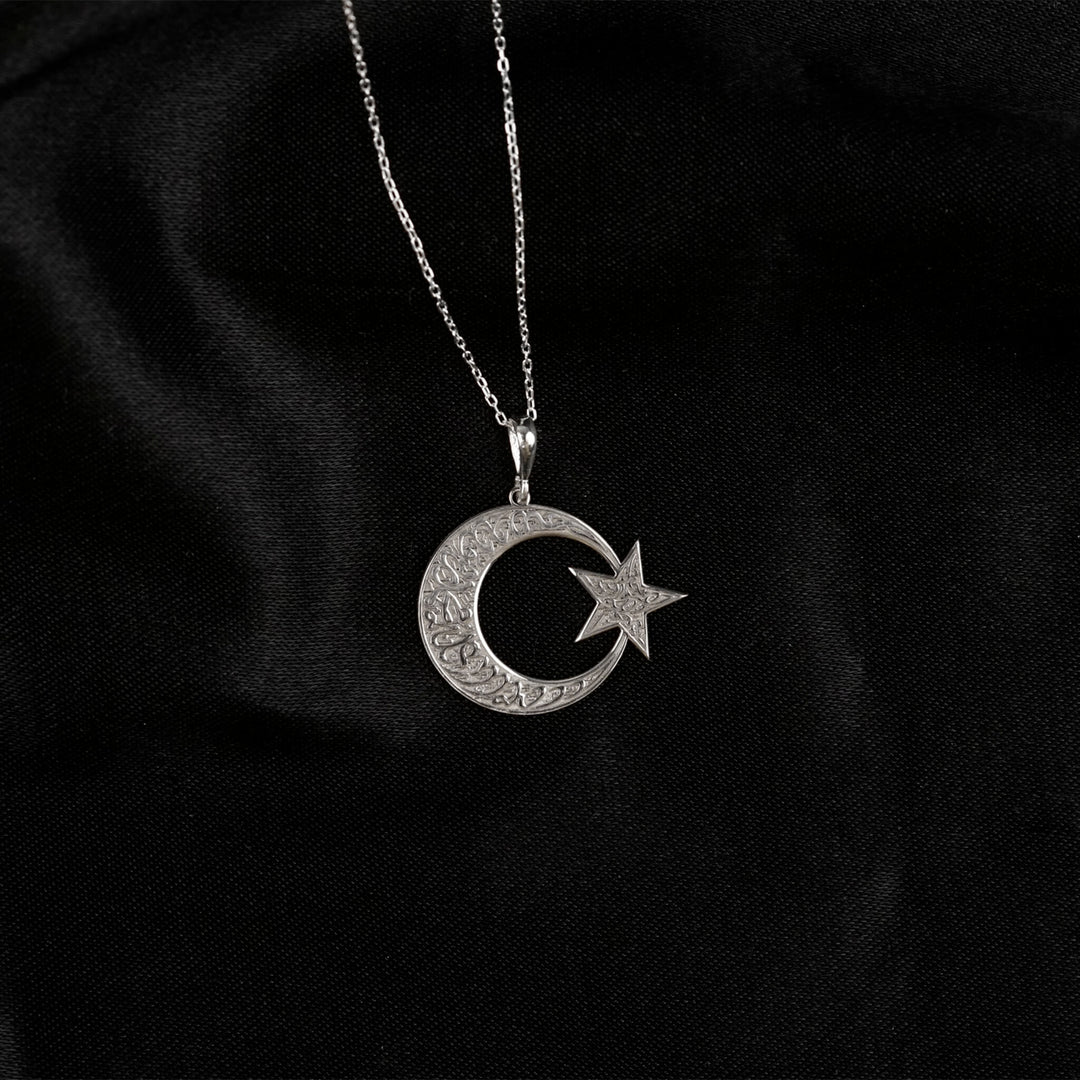 Kelime-i Tevhid ay yıldız kolye, 925 ayar gümüş, zincirli