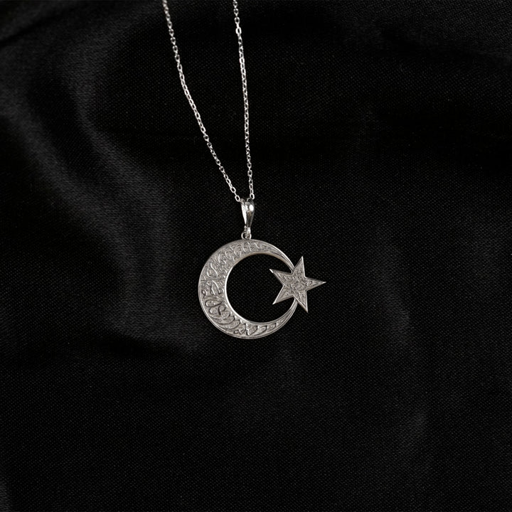 Kelime-i Tevhid ay yıldız kolye, 925 ayar gümüş, zincirli