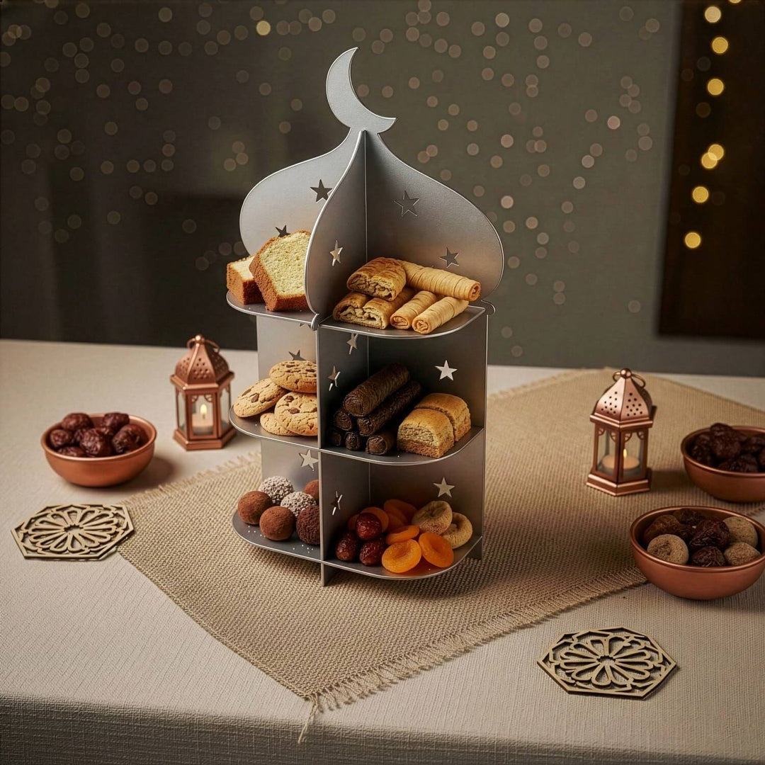 Ramazan Metal Sunum Standı – 3 Katlı Minare Tasarım İftariyelik Tabağı