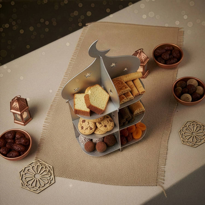 Ramazan Metal Sunum Standı – 3 Katlı Minare Tasarım İftariyelik Tabağı