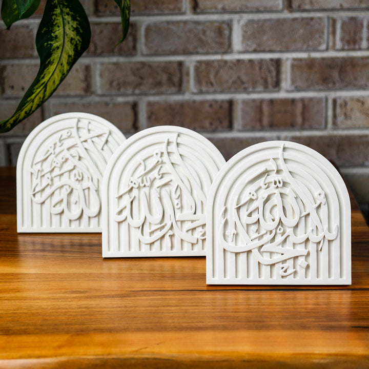 subhanallah elhamdulillah allahu ekber yazili uclu beyaz renk masa ustu dekor sik bir urundur islamicwallarttr
