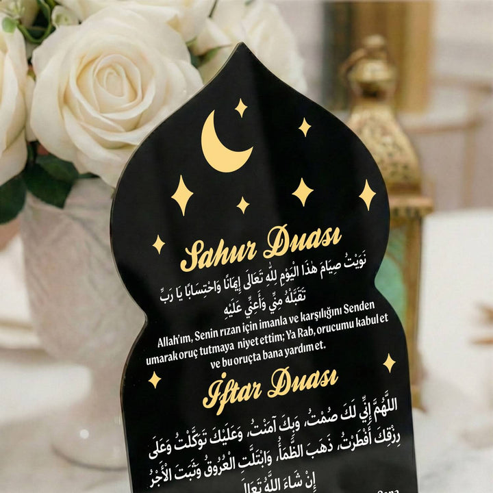 Sahur ve İftar Duası Yazılı Mihrap Formlu Akrilik Masa Üstü Dekor