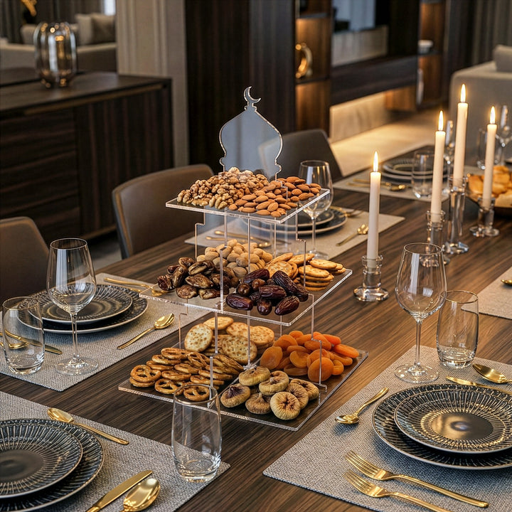 Ramazan Sunum Standı – Kubbe Formlu 3 Katlı Pleksi İftariyelik Tabağı