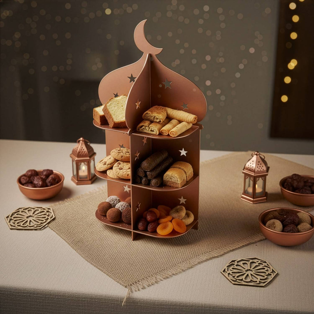 Ramazan Metal Sunum Standı – 3 Katlı Minare Tasarım İftariyelik Tabağı