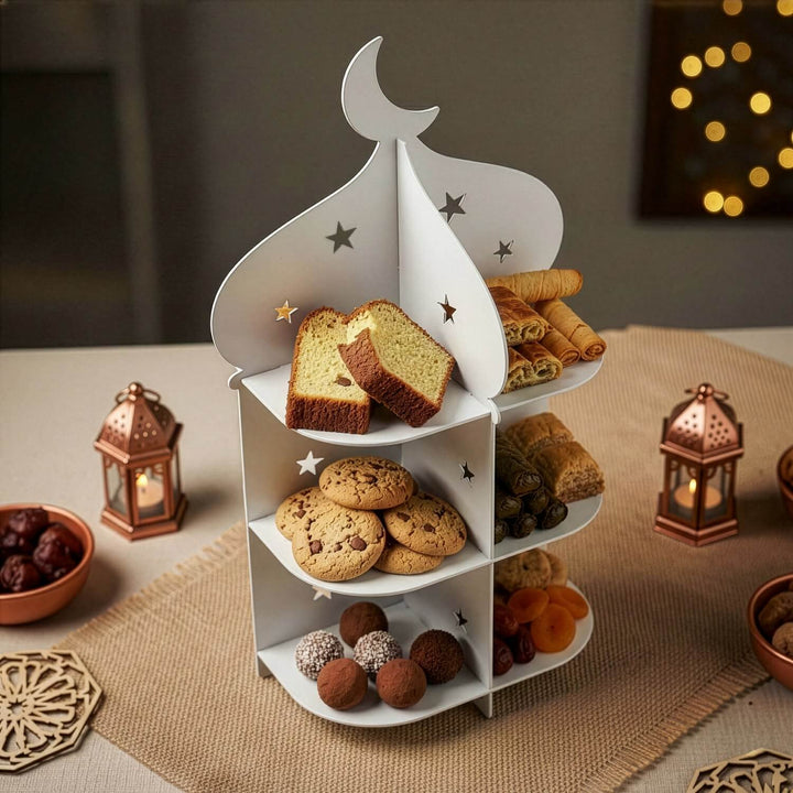 Ramazan Metal Sunum Standı – 3 Katlı Minare Tasarım İftariyelik Tabağı
